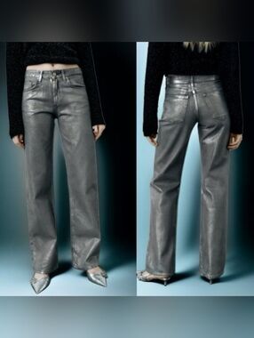 NWOT ZARA ( 4 ) Metallic Silver Mid Rise Straight-Leg Jeans